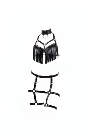 Black Fringed Faux Leather Body Harness with Studded Top and Thigh Straps