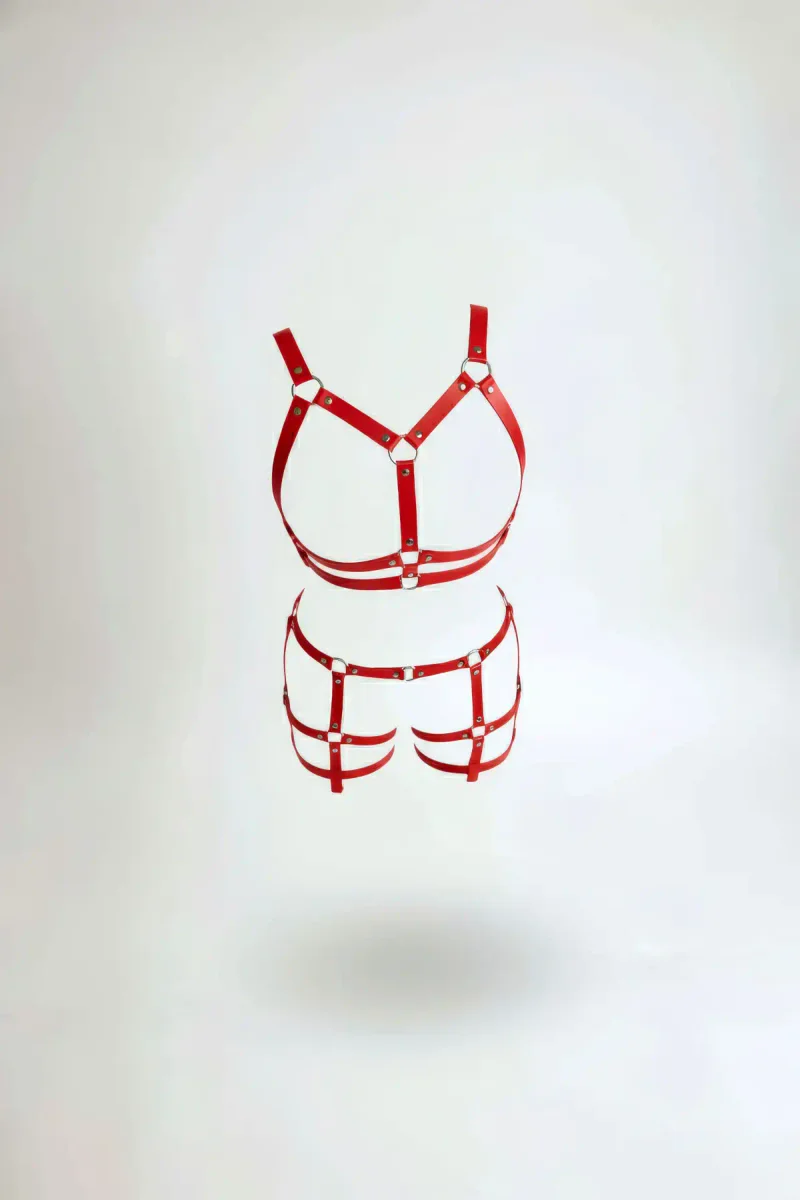Red Faux Leather Body Harness Set Two Pieces Silver O-Ring Hardware