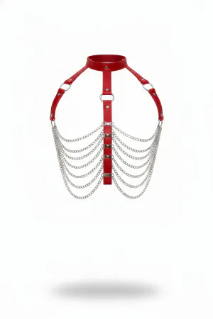 Red Faux Leather Choker Harness with Draping Silver Chains