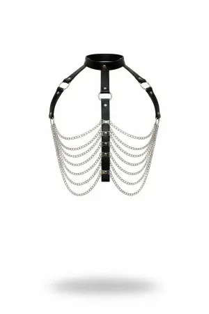 Black Faux Leather Choker Body Harness with Cascading Silver Chains