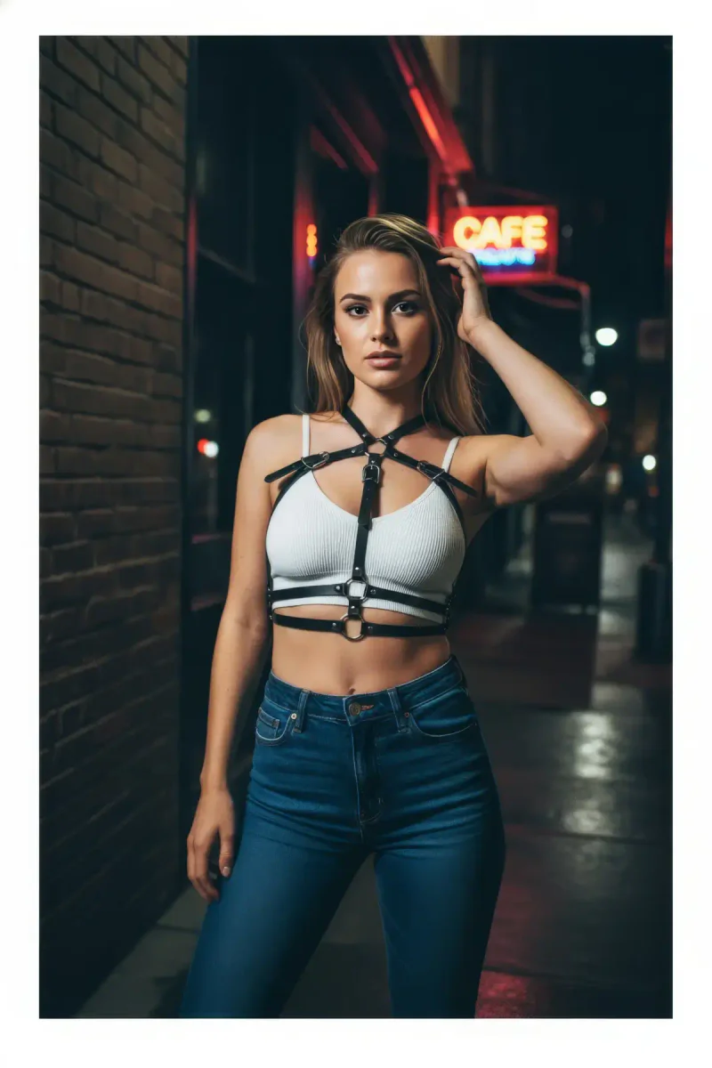 Close-up of black faux leather chest harness O-ring detail over white bra