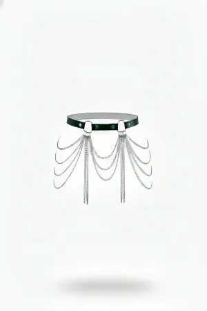 Black Faux Leather Waist Harness with Draped Silver Chains and Buckle Closure