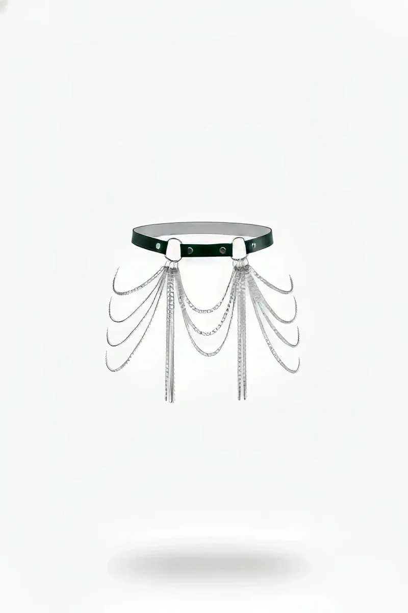 Black Faux Leather Waist Harness with Draped Silver Chains and Buckle Closure