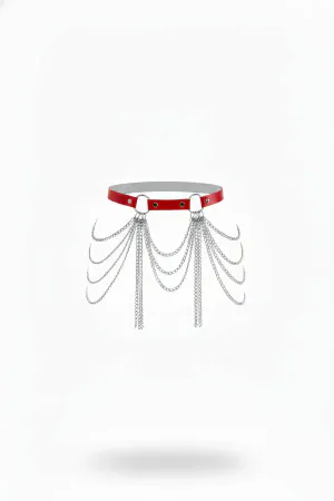 Red Faux Leather Choker with Silver Draped Chains O-Rings
