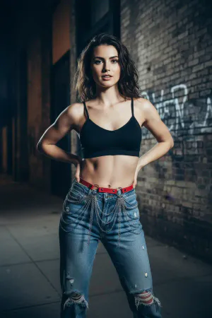 Red Faux Leather Waist Harness with Cascading Chains Worn Over Jeans