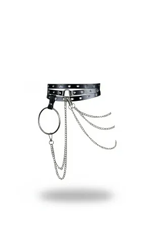 Black Faux Leather Studded Waist Harness with O-Ring and Cascading Chains