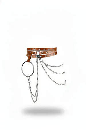 Tan Faux Leather Triple Strap Waist Harness with Silver Eyelets O-Ring and Layered Chains