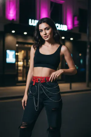 Kırmızı Kadın Kemer Zincir Detaylı Metal Delikli - APFT731