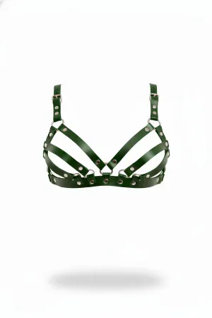 Dark Green Faux Leather Caged Chest Harness Bra Adjustable Straps