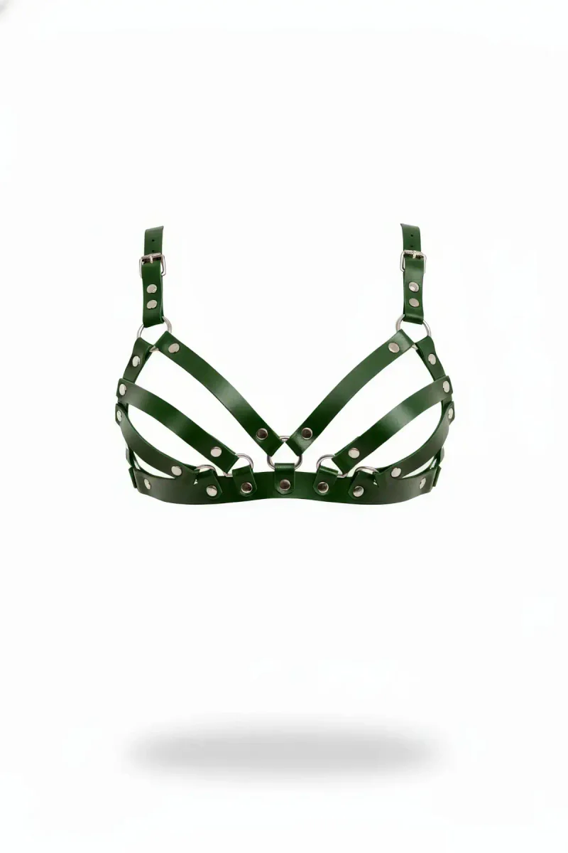 Dark Green Faux Leather Caged Chest Harness Bra Adjustable Straps