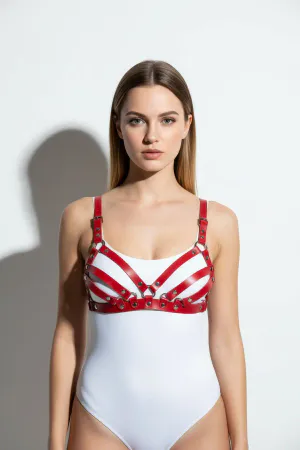 Kırmızı Göğüs Harness Deri Kafes Vücut Aksesuarı - APFT733