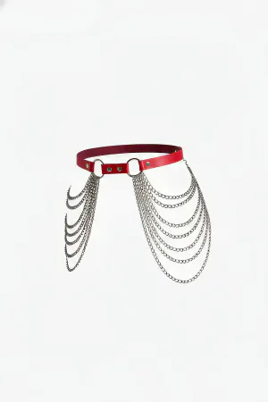Red Faux Leather Waist Harness with Cascading Silver Chains