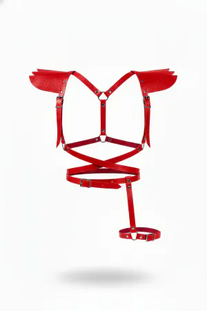 Red Faux Leather Body Harness with Sculpted Shoulder Pads and Single Thigh Garter