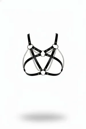 Black Faux Leather Caged Harness Bra Silver Chains