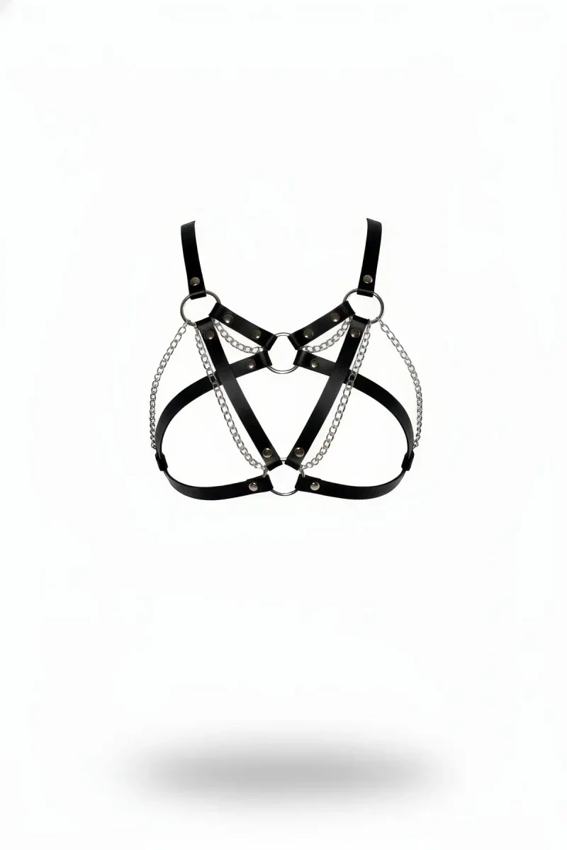 Black Faux Leather Caged Harness Bra Silver Chains