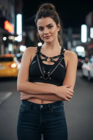 Siyah Kadın Kemer Deri Zincir Detaylı Vücut Aksesuarı - APFT741