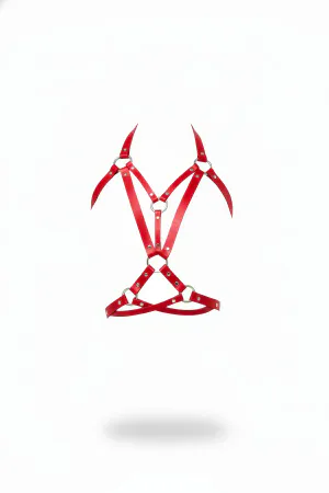 Red Faux Leather Chest Harness with Silver O-Rings