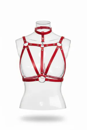 Red Faux Leather Chest Harness O-Ring Choker Adjustable Straps