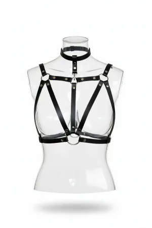 Black Faux Leather Caged Chest Harness Bra with Integrated Choker and O-Rings