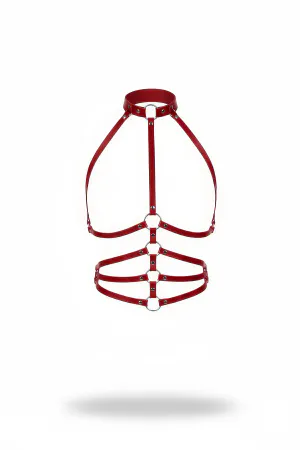 Red Faux Leather Caged Body Harness High Neck Silver O-Rings
