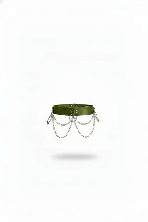 Olive Vegan Leather Waist Harness Draped Chains Adjustable Buckle