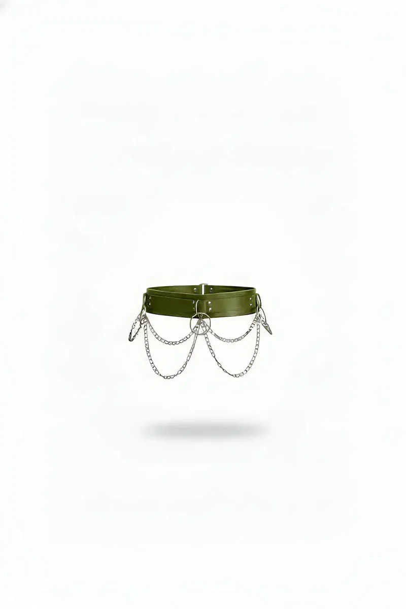 Olive Vegan Leather Waist Harness Draped Chains Adjustable Buckle