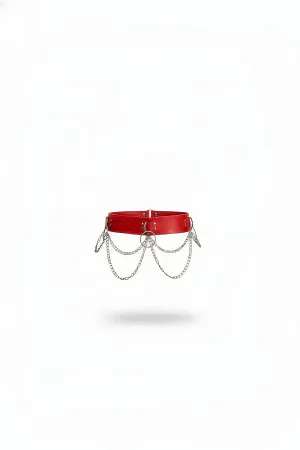 Red Faux Leather Waist Belt with Silver O-Ring and Detachable Chains