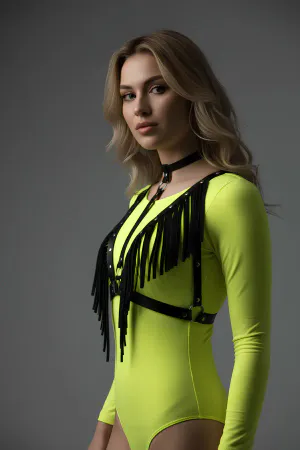 Siyah Kadın Kemer Püskül Detaylı Deri Yelek Aksesuarı - APFT767