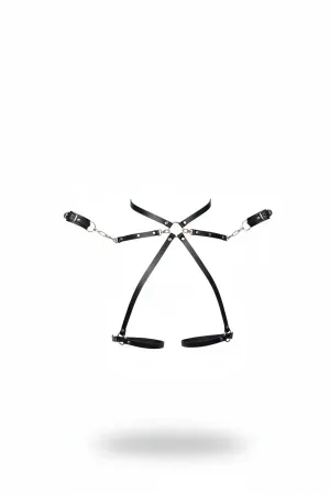 Black Faux Leather Full Body Harness with Chain Cuffs and O-Ring Hardware