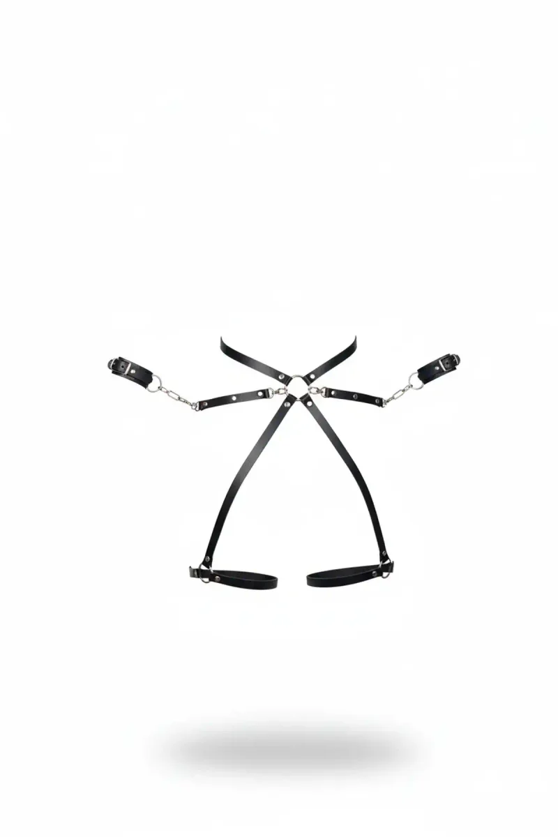 Black Faux Leather Full Body Harness with Chain Cuffs and O-Ring Hardware