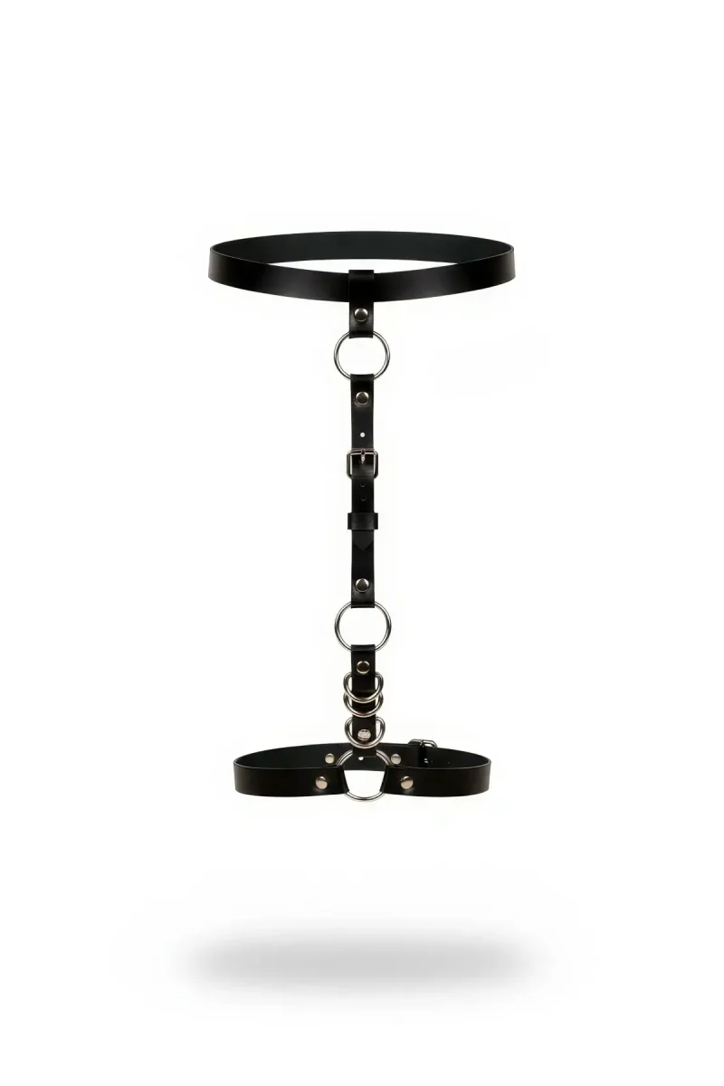 Black Vegan Leather Choker Harness with Silver O-Rings Adjustable Vertical Strap