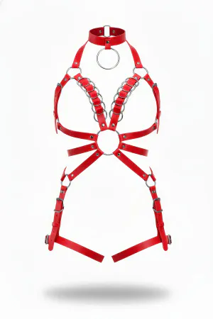 Red Faux Leather Body Harness with Silver O-Rings, Front View