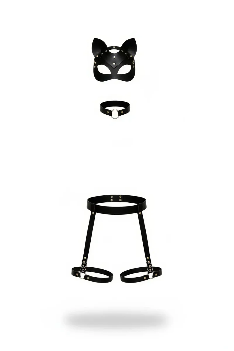 Black Faux Leather Cat Mask Choker Leg Harness Set with Studs