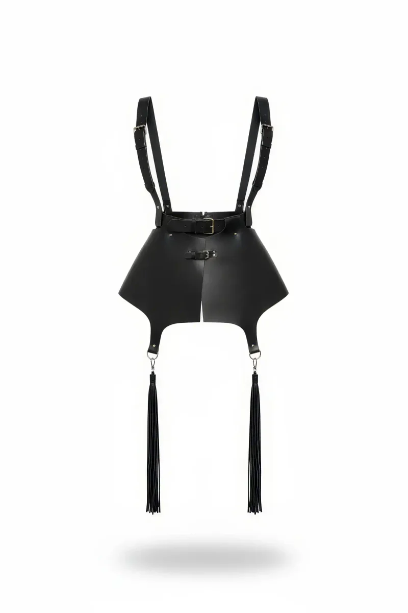 Siyah Suni Deri Püsküllü Omuz Askılı Mini Etek Harness