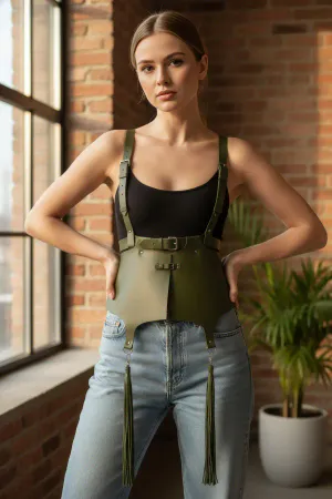 Olive Green Vegan Leather Peplum Waist Harness Adjustable Suspenders Tassels