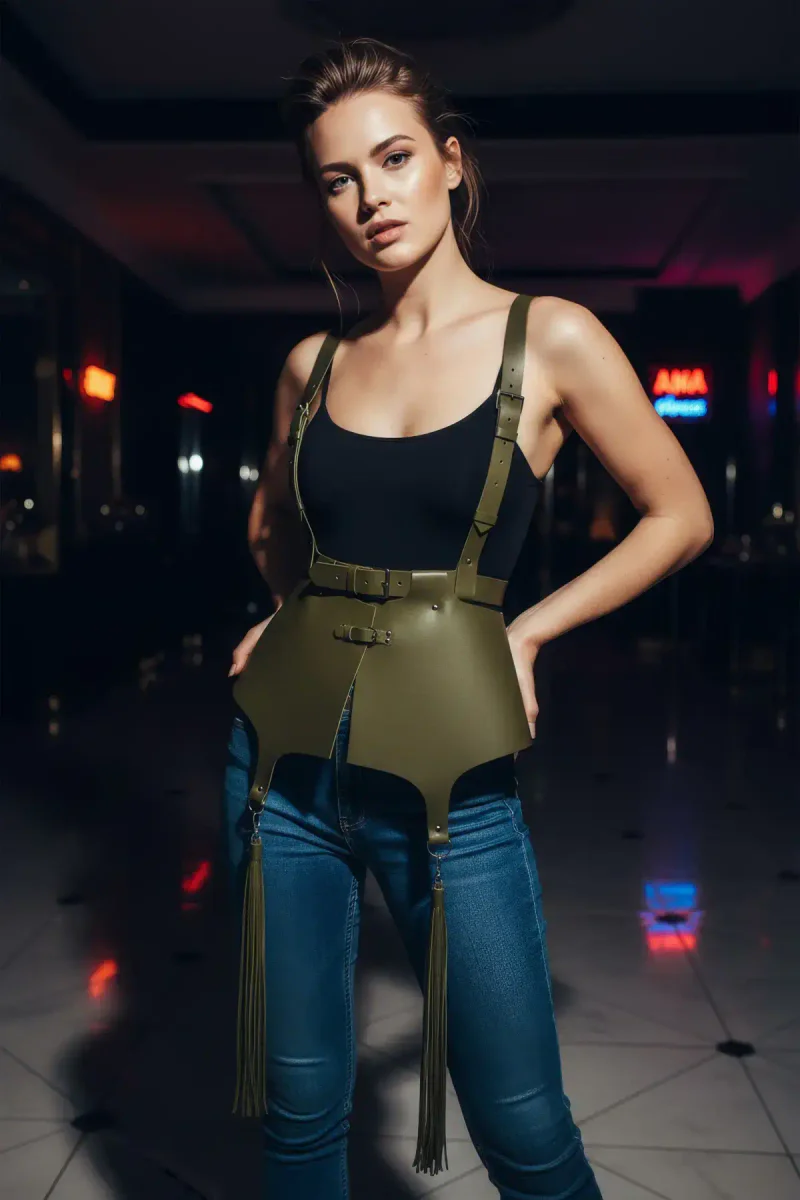 Festival faux leather olive green peplum harness