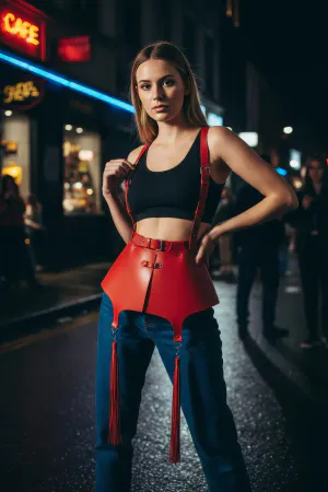 Red Faux Leather Peplum Harness with Detachable Tassels Women Outdoor