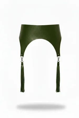 Dark Olive Green Wide Faux Leather Waist Harness with Detachable Tassels