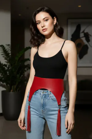Red Faux Leather Waist Garter Harness Tassels Casual Outfit