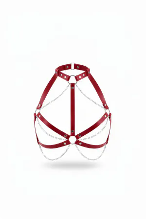 Red Vegan Leather Chest Harness Bra Adjustable Straps Silver Chains
