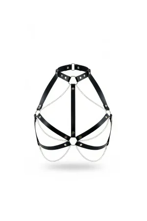 Black Faux Leather Chest Harness with Silver Layered Chains and O-Rings