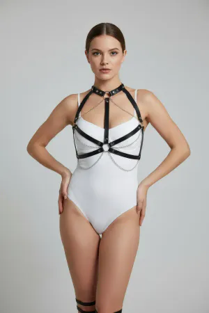 Siyah Göğüs Harness Zincir Detaylı Deri Yaka - APFT796