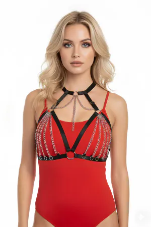 Siyah Göğüs Harness Zincir Detaylı Yaka Aksesuarı - APFT805