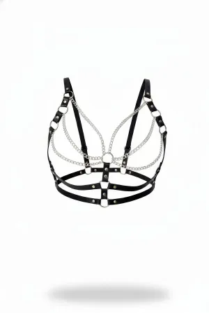 Black Faux Leather Chest Harness Bra with Draped Silver Chains