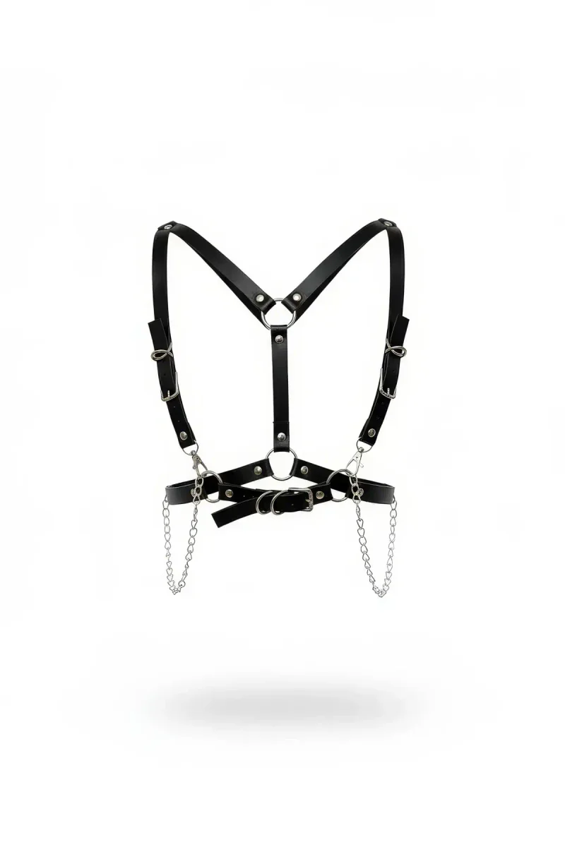 Black Faux Leather Chest Harness with Detachable Chains and O-Rings