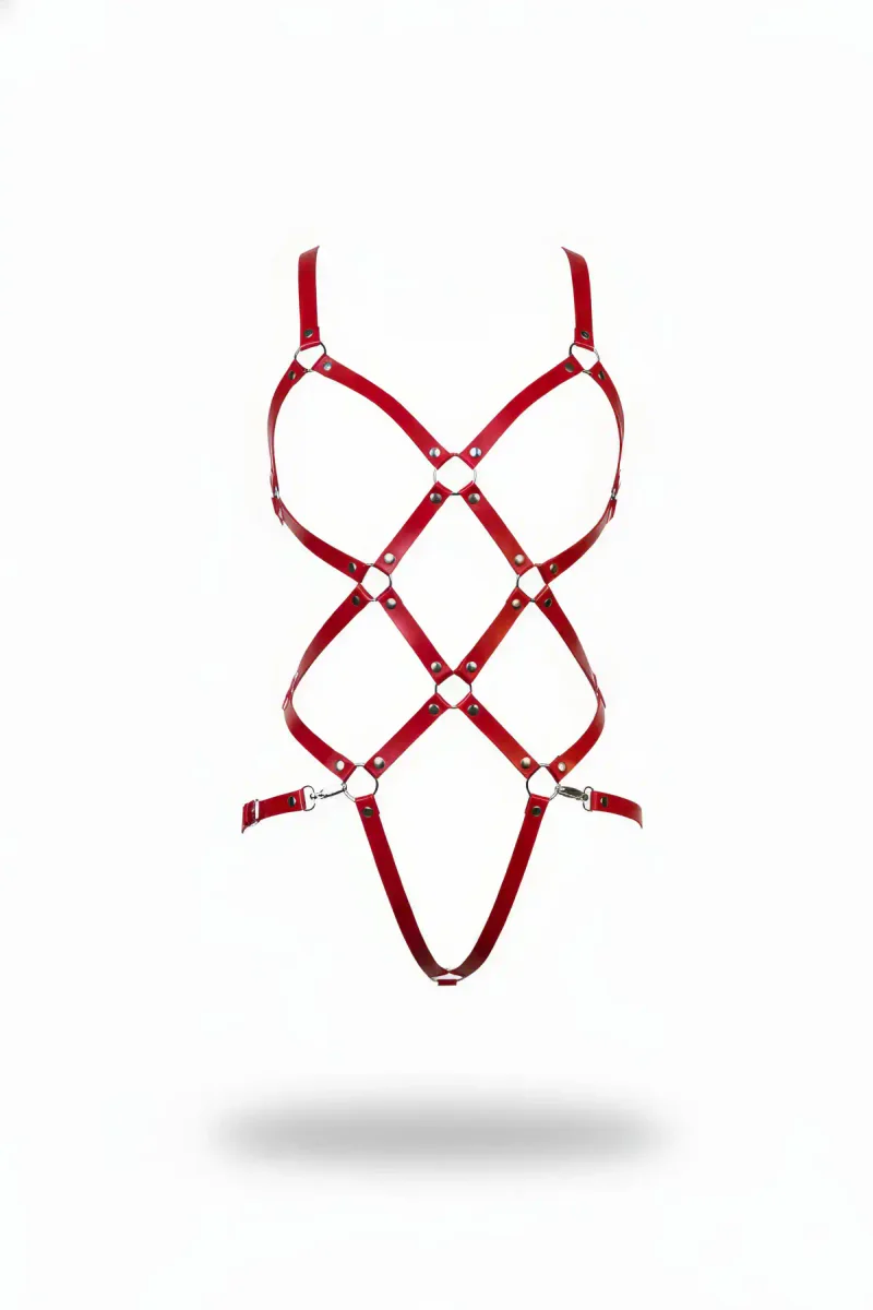 Red faux leather strappy cage body harness with O-ring details