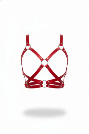 Red Faux Leather Harness Bra X-Strap O-Ring Design