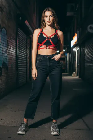 Red Faux Leather Chest Harness Women O-Ring Details Adjustable Straps