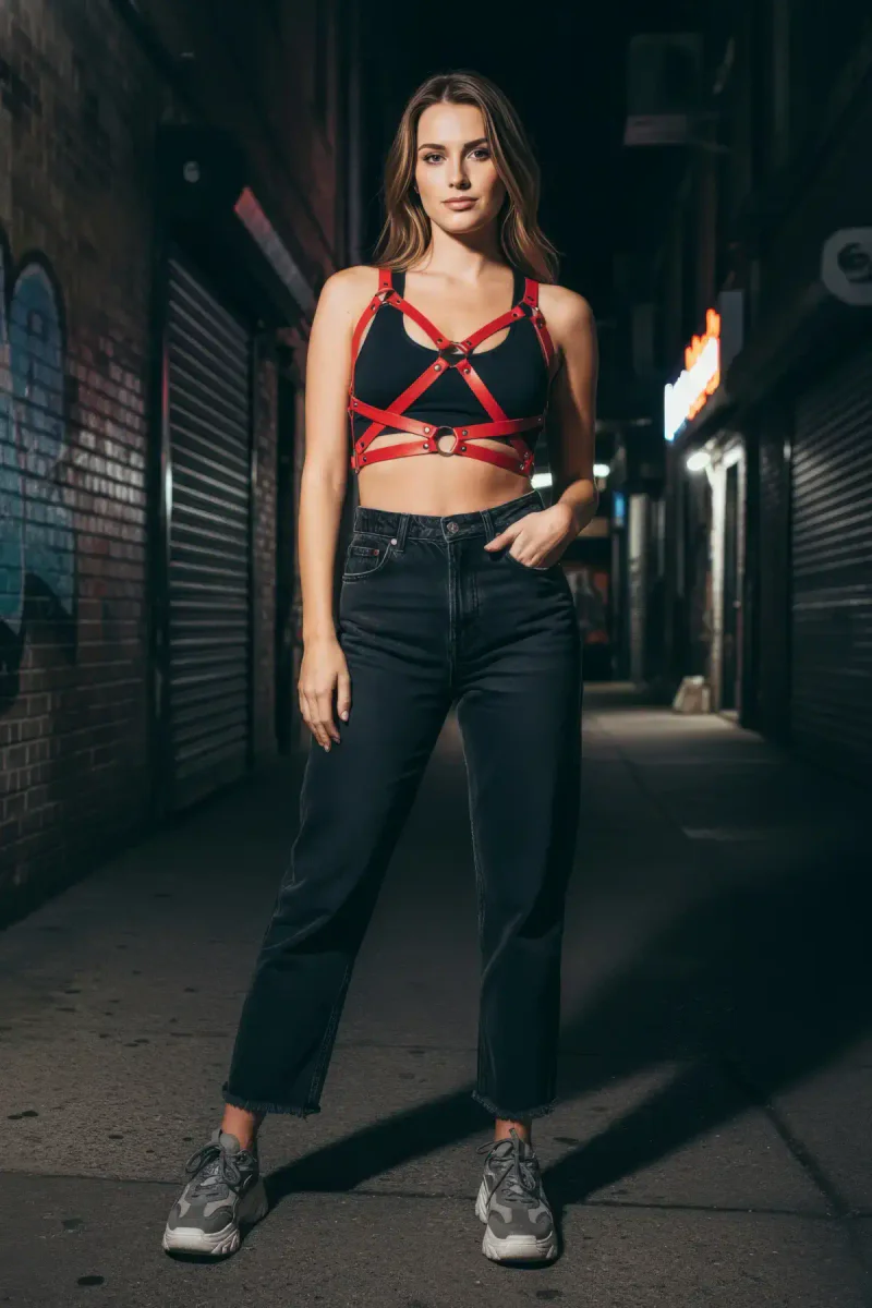 Faux Leather Harness Top Red