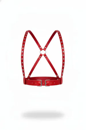 Red Faux Leather Studded Chest Harness with Double Buckles